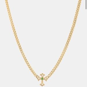 Gold Chain Necklace with Green-Center Cross Pendant
